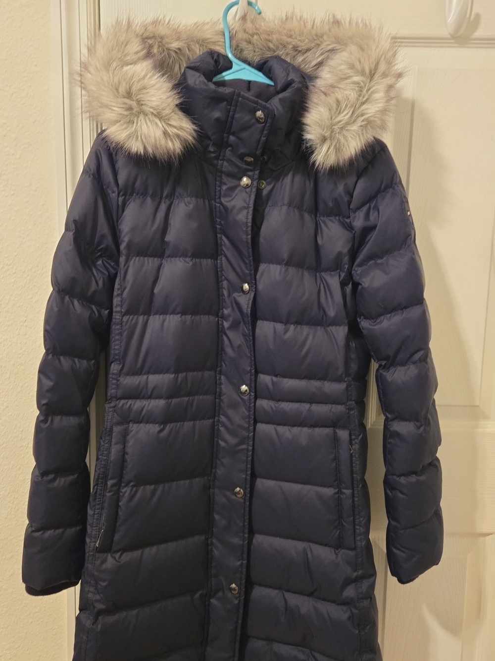 Tommy Hilfiger Navy Quilted Long Puffer Coat with Faux Fur Hood